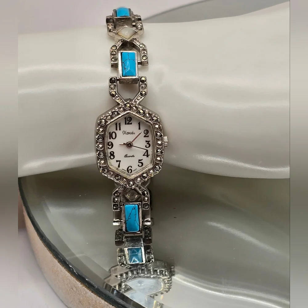 Xanadu Quartz Japan Movement Faux Turquoise & Marcasite Vintage Watch